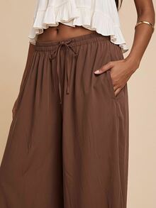 SHEIN BAE Women's Solid Color Drawstring Waist Casual Daily Travel Long Pants - Brown - View 5