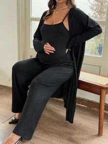 DAZY Solid Color Fitted Camisole Loose Robe Straight Leg Pants Casual Home Wear Spring Autumn 3 Pieces Set Maternity 2 Pieces Set - Black - View 6