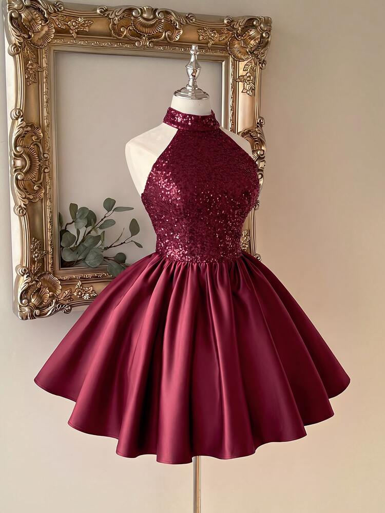 Lovelzi Elegant Romantic Fashion Satin Sequin Patchwork Spaghetti Strap Strap Cup A-Line Party Dress Wedding Guest Dress Coffee Color Dress Bachelorette Party Prom Dress - Burgundy - View 6