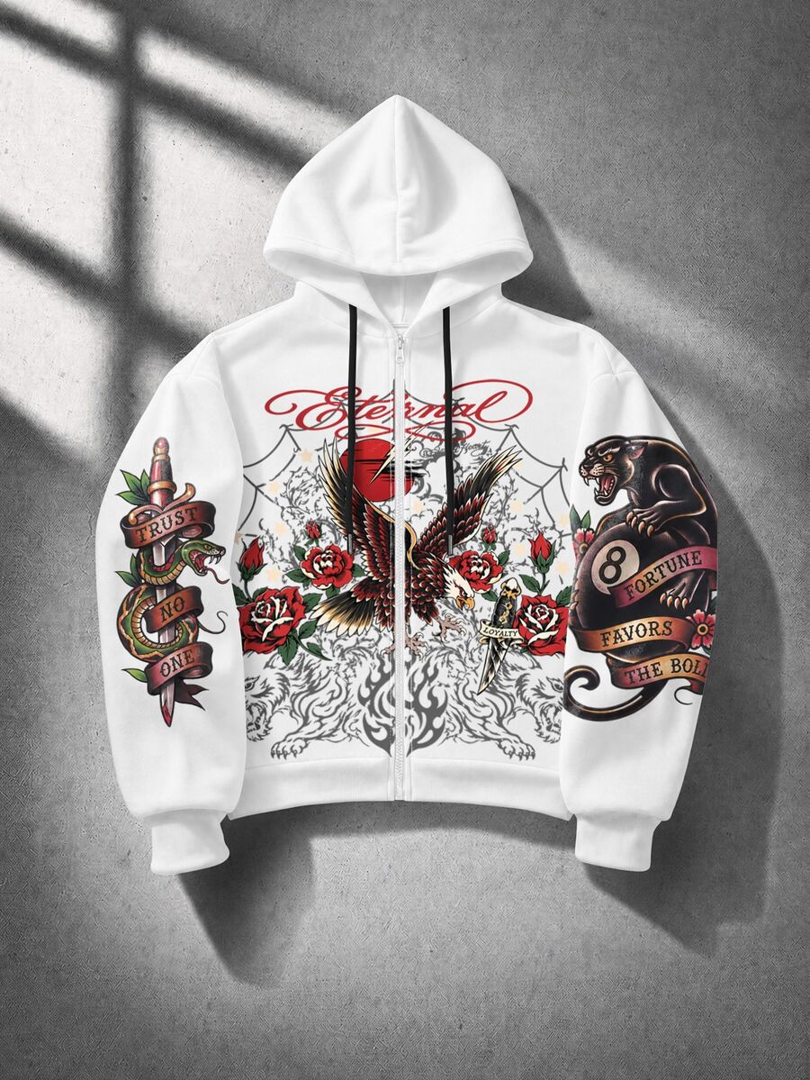 ROMWE MEN Street Life Street Retro Print Pattern Loose Fit Hoodie - White - View 1