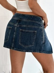 Jeanoix Women's Y2K Fashion Metal Buckle Washed Denim Skirt - Dark Wash - View 2