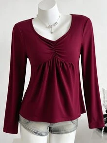 Tween Girl) T-Shirt, Burgundy Heart-Shaped Neckline, Exquisite Collarbone Accent, Ruched Waist Design To Conceal Belly, Flared Long Sleeves To Shape Arm Lines - Burgundy - View 4