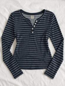 Tween Girl Versatile Striped Button Half-Placket Long Sleeve T-Shirt, Suitable For Daily Wear And School - White - View 3