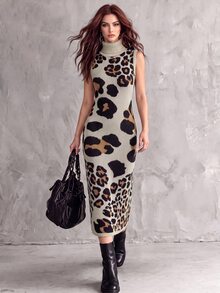 SHEIN Gaun Rajut Tanpa Lengan Leher Tinggi Motif Leopard Vintage - MultiWarna - View 1