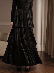 Anewsta French Style 3D Ruffled Shirred Long Sleeve Triple Layer Glossy Shirred Full Skirt Black Dress - Black - View 6