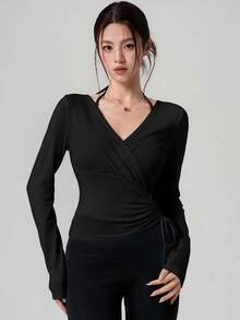 DAZY 秋季韓風黑色短袖上衣，抽繩腰帶設計，斜前開襟，頸部飾帶，女士運動長袖T恤 - 黑色 - 查看 3