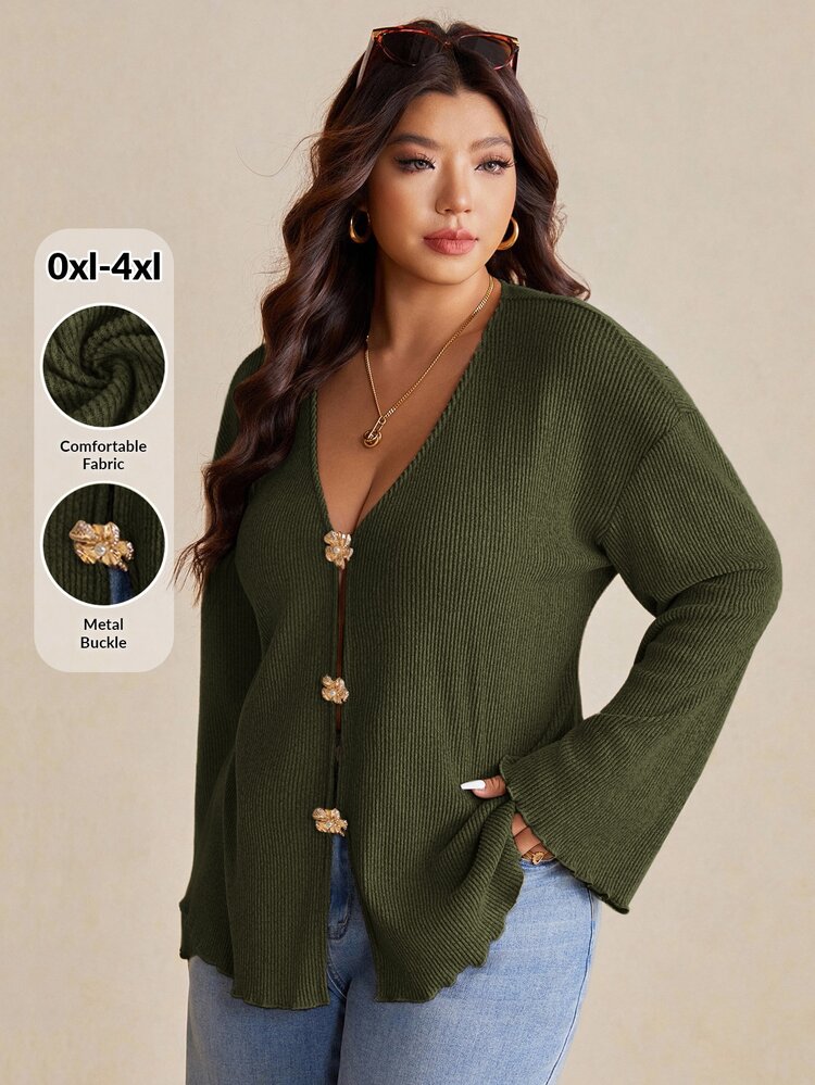 Elaquor Plus Size Faux Pearl Button Deep V-Neck Flare-Sleeved Knitted Coat Curve Cardigan In Spring Fall - Green - View 1