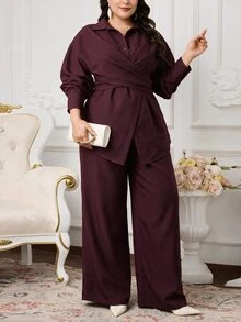 Modelyn 大尺碼女款純色百褶長袖上衣與長褲休閒日常兩件套 - 酒紅色 - 查看 5