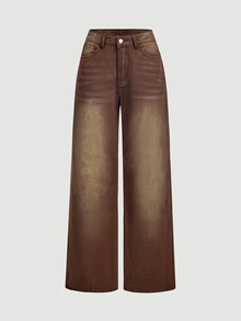 SHEIN Tall 女款直筒寬鬆休閒百搭牛仔褲，附口袋 - 咖啡棕 - 查看 10