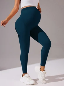 SHEIN سروال رياضي كاجوال يومي بلون موحد للحوامل - ازرق مخضر - مشاهدة 4