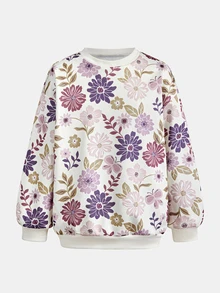 SHEIN Tween女孩花卉印花秋冬休閒百搭衛衣與內搭褲套裝 - 紫色 - 查看 5