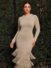 VOLUPTÉ CURVE Plus Size Elegant Style Tassel Hem Beaded Shiny Knit Dress Christmas - Khaki - View 2