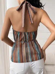Livesso Women's Striped Backless Halter Top With Back Tie For Vacation - Orange - View 2