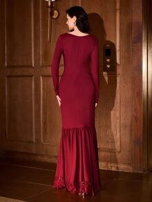 MOTF PREMIUM WOMEN'S SQUARE NECK FLORAL EMBROIDERED PATTERN ELEGANT WAIST-CINCHING PARTY DRESS - Burgundy - View 3