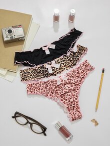 ZzzCrew Women's 3pcs Pink Bow Leopard Print Sexy Thong - Multicolor - View 2