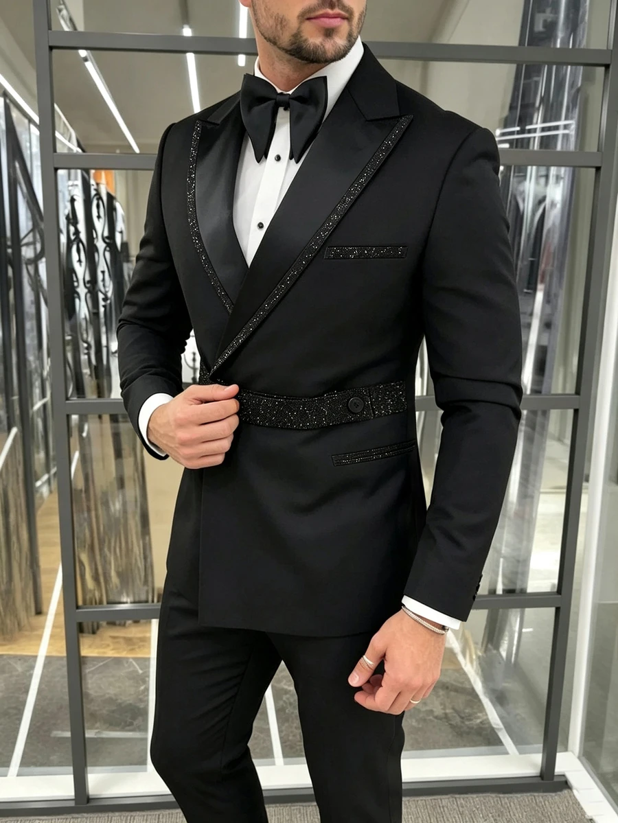 Manfinity AFTRDRK 男士奢華派對水鑽腰部雙扣西裝外套與長褲套裝,完美的節日禮物選擇 - 黑色 - 查看 1