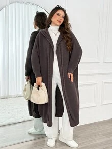 Easowa Curve Jaket Berkerudung Kasual Serbaguna Warna Polos untuk Wanita Ukuran Besar - Coklat - View 4