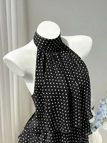SHEIN EZwear 女款春夏秋棕色與藍色波點印花雪紡掛脖綁帶露背荷葉邊層次上衣，優雅通勤辦公室復古休閒購物約會日常穿搭百搭 - 黑色 - 查看 5