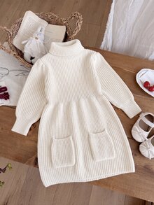 SHEIN 1件女童針織毛衣洋裝，時尚百搭高領、肩側抓皺燈籠袖、收腰A字裙擺附口袋，柔美甜美風，適中厚度，整齊下擺，緊口袖口，親膚柔軟，適合日常穿著、外出、派對、上學等多場合，秋冬必備 - 杏色 - 查看 8