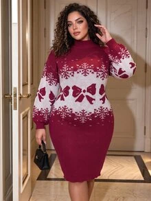 Cravure Autumn/Winter Plus Size Red Christmas Sweater Dress With Small Stand Collar, Bowknot And Snowflake Knit Skirt - Red - View 5