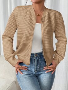 SHEIN Frenchy 女款純色長袖拉鍊領休閒棒球夾克，適合秋冬/春季 - 卡其色 - 查看 1