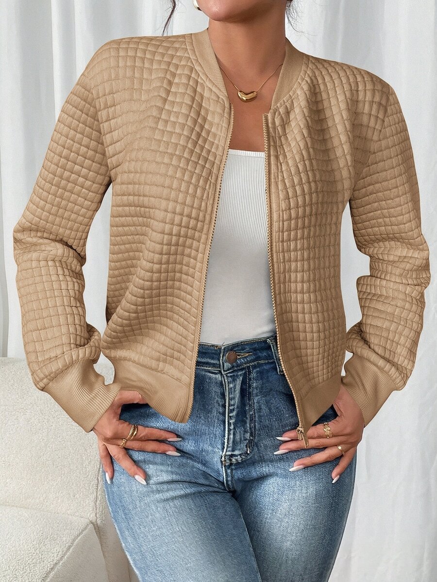 SHEIN Frenchy 女款純色長袖拉鍊領休閒棒球夾克,適合秋冬/春季 - 卡其色 - 查看 1