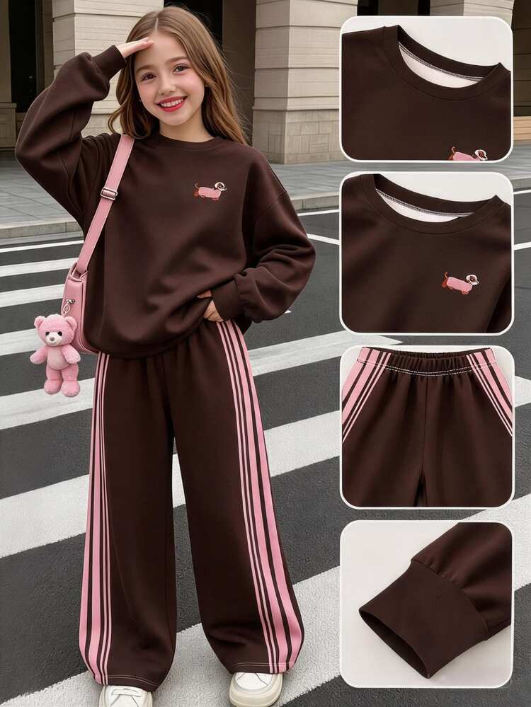 Tween Girls Crew Neck Sweatshirt & Wide Leg Pants Set Puppy Stripe Print Navy Pink Cozy Fall Winter 1 Set - Multicolor - View 1