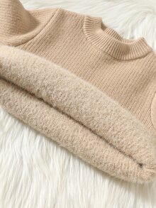 SHEIN 2件組嬰兒男孩/女孩秋冬加厚抓絨內裡圓領長袖套頭毛衣與鬆緊腰長褲套裝 - 卡其色 - 查看 11