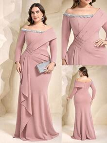 Coutiva Đầm dạ hội trang trọng trễ vai đính pha lê phong cách thanh lịch size lớn - Màu Hồng baby - Xem 3
