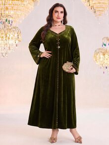 Al Najma Plus Size Women's Casual Party & Travel Arabian Dress - Army Green - View 4