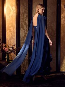 MOTF Soiréza ELEGANT NAVY BLUE STRAPLESS MAXI DRESS WOMEN 3D FLOWER CHIFFON LACE UP BACK EVENING GOWN - Navy Blue - View 3