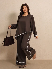 Elaquor Plus Size Women's Colorblock Long Sleeve Top And Pants Casual Daily 2 Pieces Set - Coffee Brown - View 1