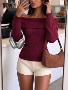 Autumina Women's Autumn/Winter Solid Color Cropped Cinched Cinched Waist Versatile Hot Girl Sweater - Burgundy - View 3