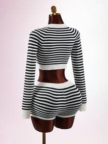 Mistrie Women's Tie-Front Cropped Long Sleeve Sweater And Striped Knit Shorts 2 Pieces Set - Multicolor - View 2