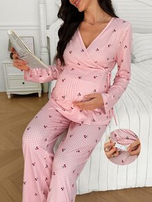 Moonlight&Mama Casual Cherry Plaid Print Tie Design Pullover Long Sleeve Top And Long Pants Maternity Pajama Set - Multicolor - View 4
