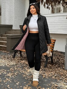 SHEIN EZwear 大尺碼加厚長版大衣，冬季秋季女款大尺碼外套 - 彩色 - 查看 3