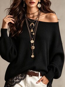 Balvessa Women's New Autumn/Winter Black Knitted Elastic Ribbed Contrast Lace Asymmetric Shoulder Long Sleeve Top - Black - View 4