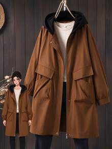 Linhara Plus Size Women's Spring/Autumn Solid Color Contrast Hooded Open Front Zipper Dual Pocket Loose Mid-Length Casual Commute Daily Long Sleeve Windbreaker Jacket - Khaki - View 1