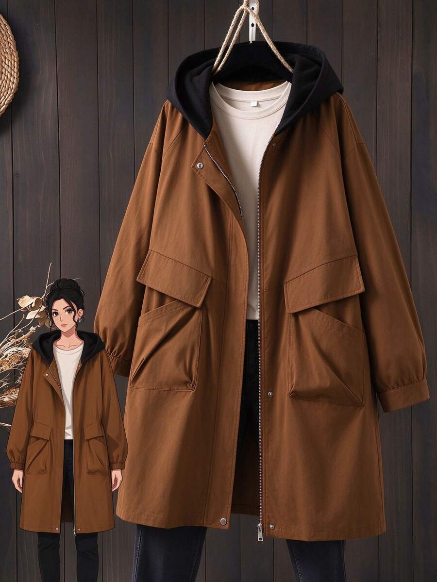 Linhara Plus Size Women's Spring/Autumn Solid Color Contrast Hooded Open Front Zipper Dual Pocket Loose Mid-Length Casual Commute Daily Long Sleeve Windbreaker Jacket - Khaki - View 1