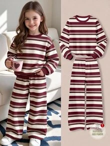 (1套)少女秋冬休閒波爾多紅、棕色、奶油白條紋圓領衛衣與寬腿褲 - 彩色 - 查看 1