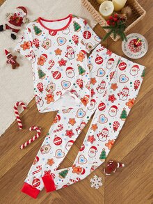 Teen Girl Autumn/Winter Pajamas 2pcs Snug Fit Short Sleeve Long Pants Christmas Girls - Multicolor - View 3