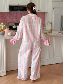Slumberry CURVE Plus Size Women Sweet INS Style Striped Bow Plaid Print Contrast Color Lapel Long Sleeve Pants Pajama Set - Multicolor - View 2