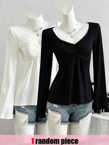 SHEIN Teen Girl Fall Ruched Bust T-Shirt With Heart-Shaped Neckline, Delicate Collarbone Accent, Holiday - Black - View 1