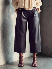 SHEIN Lunessa Women's Black Designer PU Leather Pants - Black - View 4