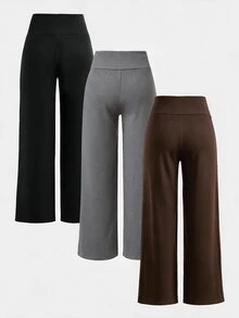 SHEIN Tween女孩秋冬針織黑色、深灰色、淺灰色高腰寬腰帶修身直筒寬腿長褲，百搭簡約舒適街頭風3件套 - 彩色 - 查看 3