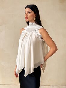 SHEIN Tall بلوزة نسائية أنيقة من الشيفون والدانتيل مع تطريز وتفاصيل كشكشة على الياقة - لون مشمشي - مشاهدة 1