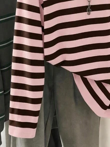 SHEIN EZwear 休閒簡約粉色條紋圓領長袖寬鬆版型T恤，適合春秋穿著 - 彩色 - 查看 5