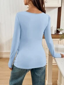 SHEIN 孕婦純色極簡長袖T恤，日常穿著秋季款 - 淺藍色 - 查看 2