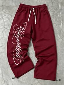 ROMWE MEN Street Life Men's Letter Print Pocket Drawstring Waist Loose Sweatpants - Red - View 2