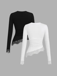 Sweetra Y2K Casual Versatile Contrast Lace Asymmetrical Hem Commuter Preppy Style T-Shirt - Multicolor - View 2
